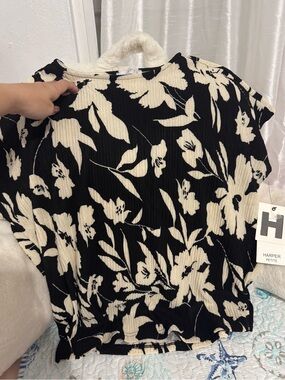 Harper Black and Cream Floral Ribbed Top